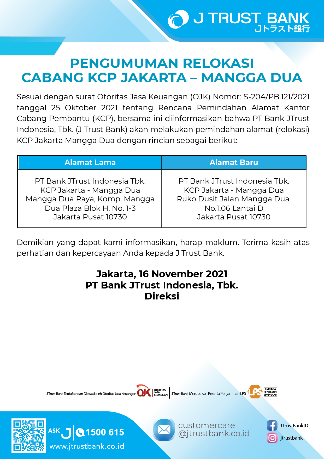 Announcement : KCP Jakarta MANGGA DUA Branch Relocation