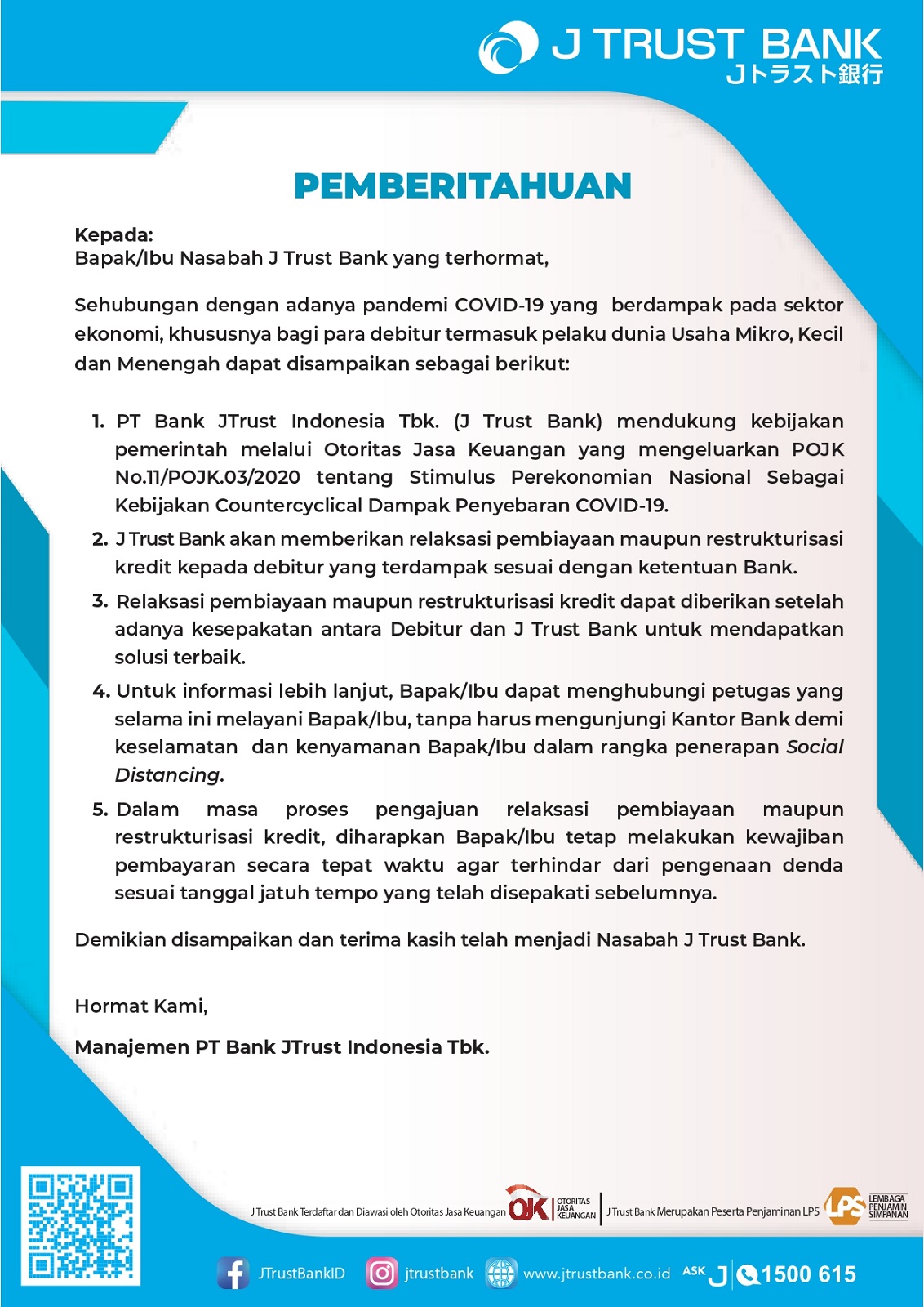 Announcement of Financing & Credit Restructurisation Relaxation Policy