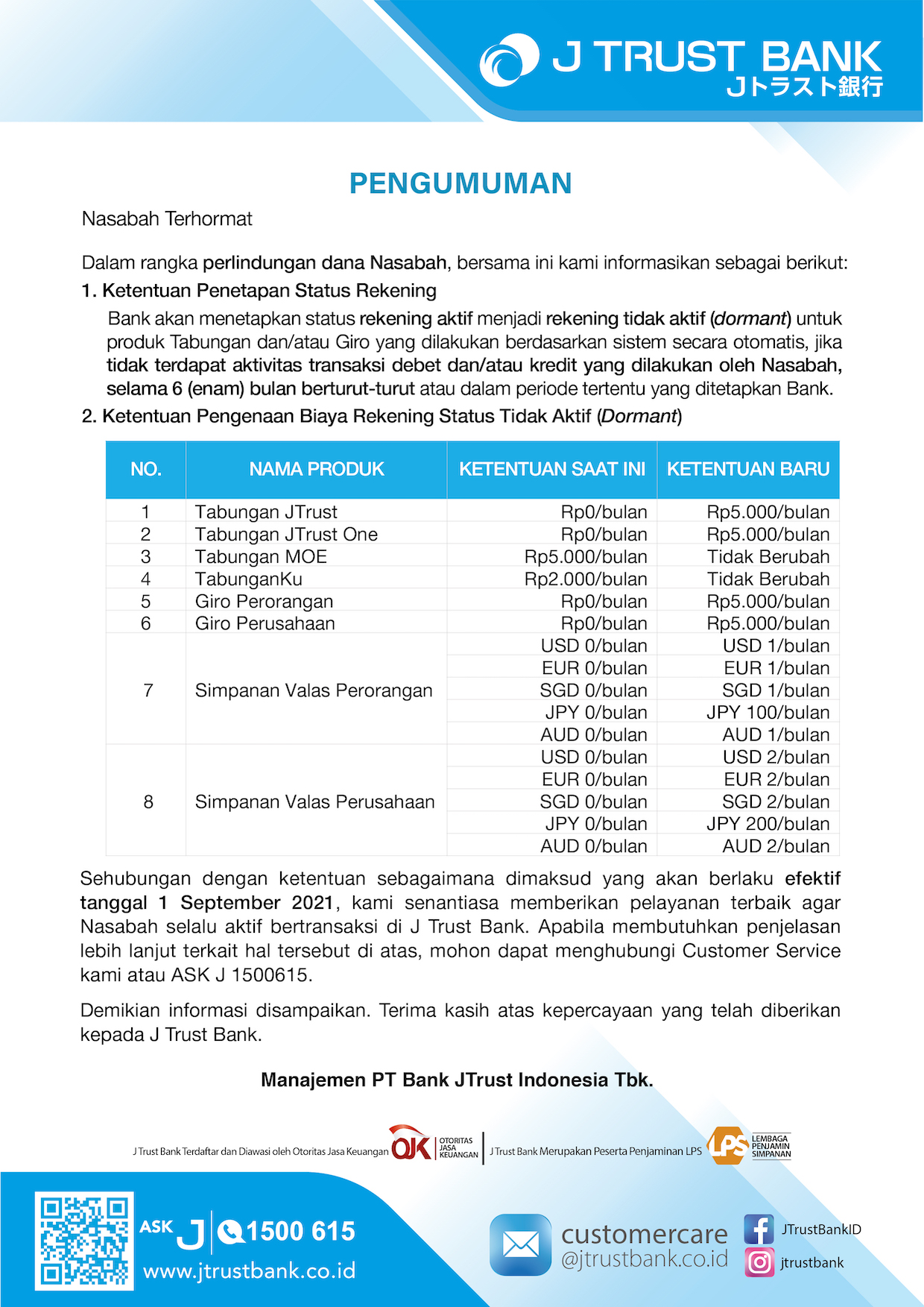 Pengumuman Pengenaan Biaya Rekening Dormant Tabungan & Giro