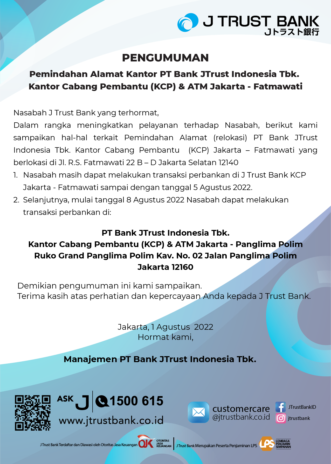 Pengumuman Relokasi Kantor Cabang Pembantu Fatmawati, Jakarta