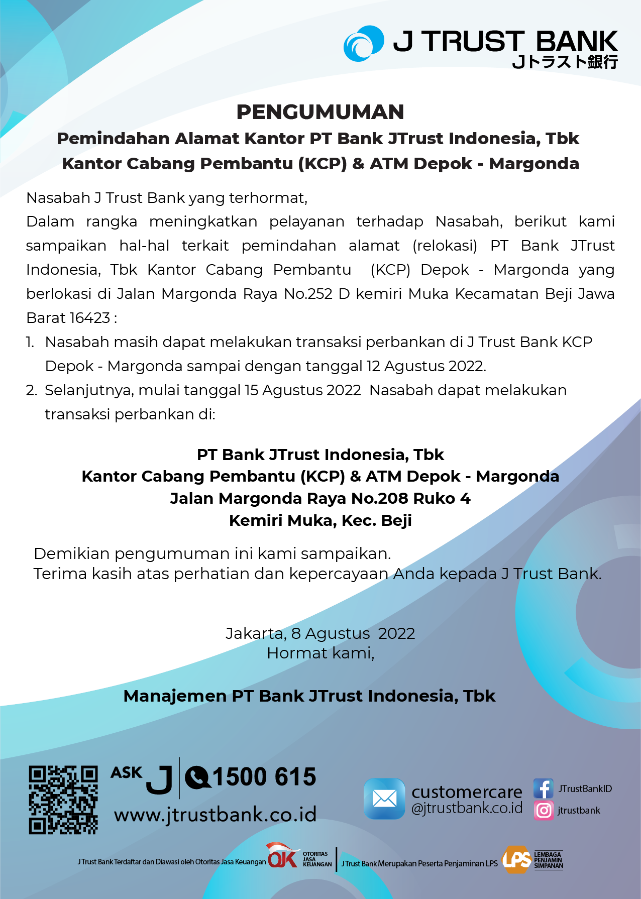 Pengumuman Relokasi Kantor Cabang Pembantu Depok - Margonda