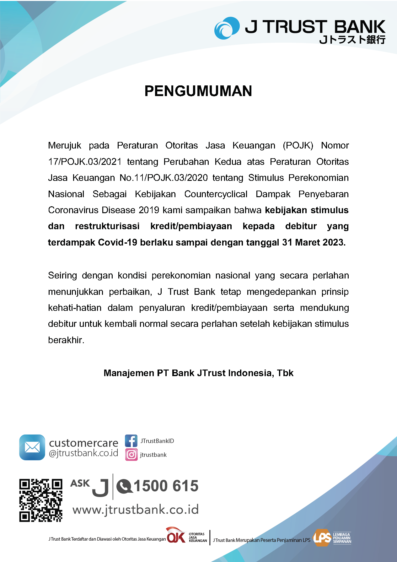 Pengumuman terkait Berakhirnya Kebijakan Stimulus Covid-19