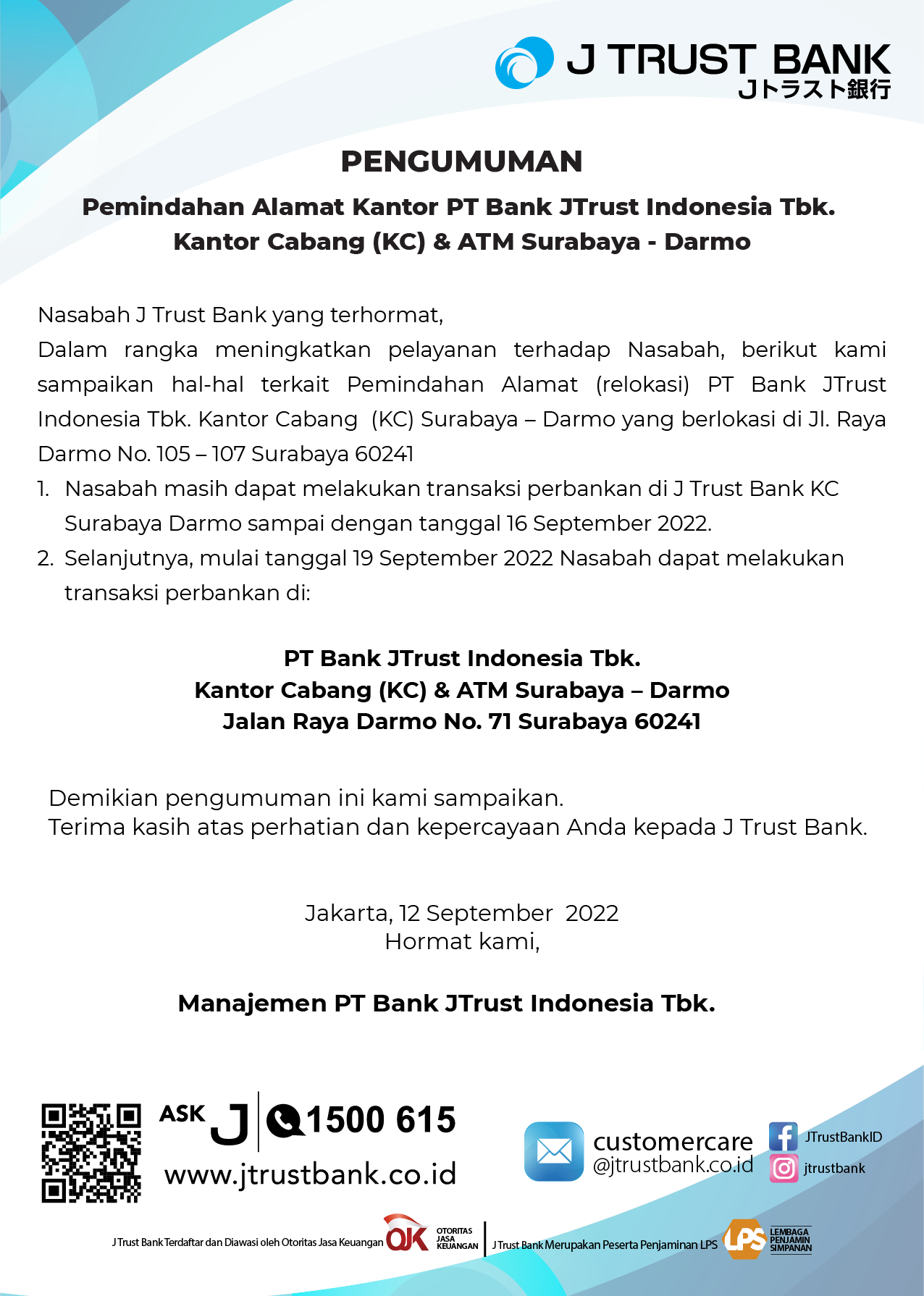 Pengumuman Relokasi Kantor Cabang Surabaya - Darmo
