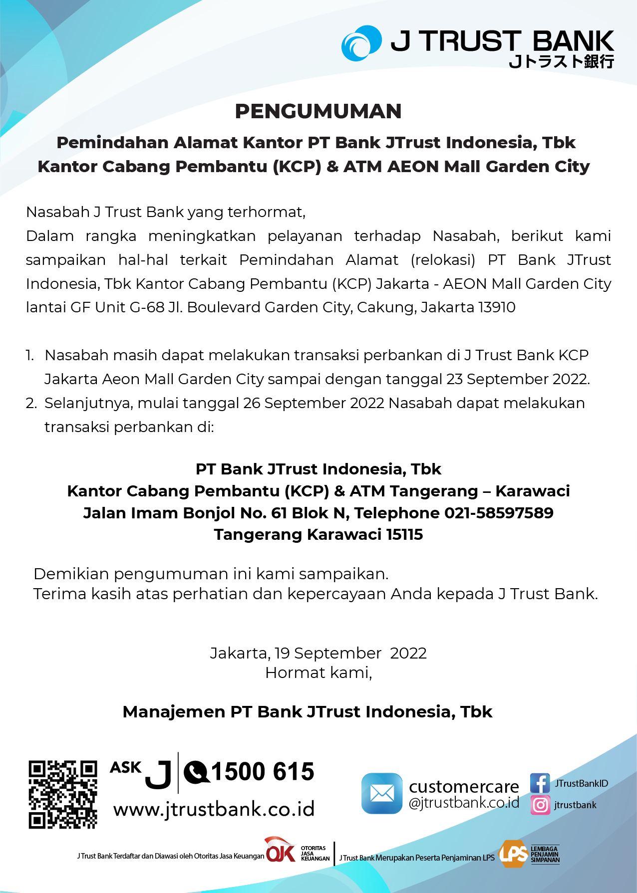 Pengumuman Relokasi Kantor Cabang Pembantu (KCP) AEON Mall Garden City