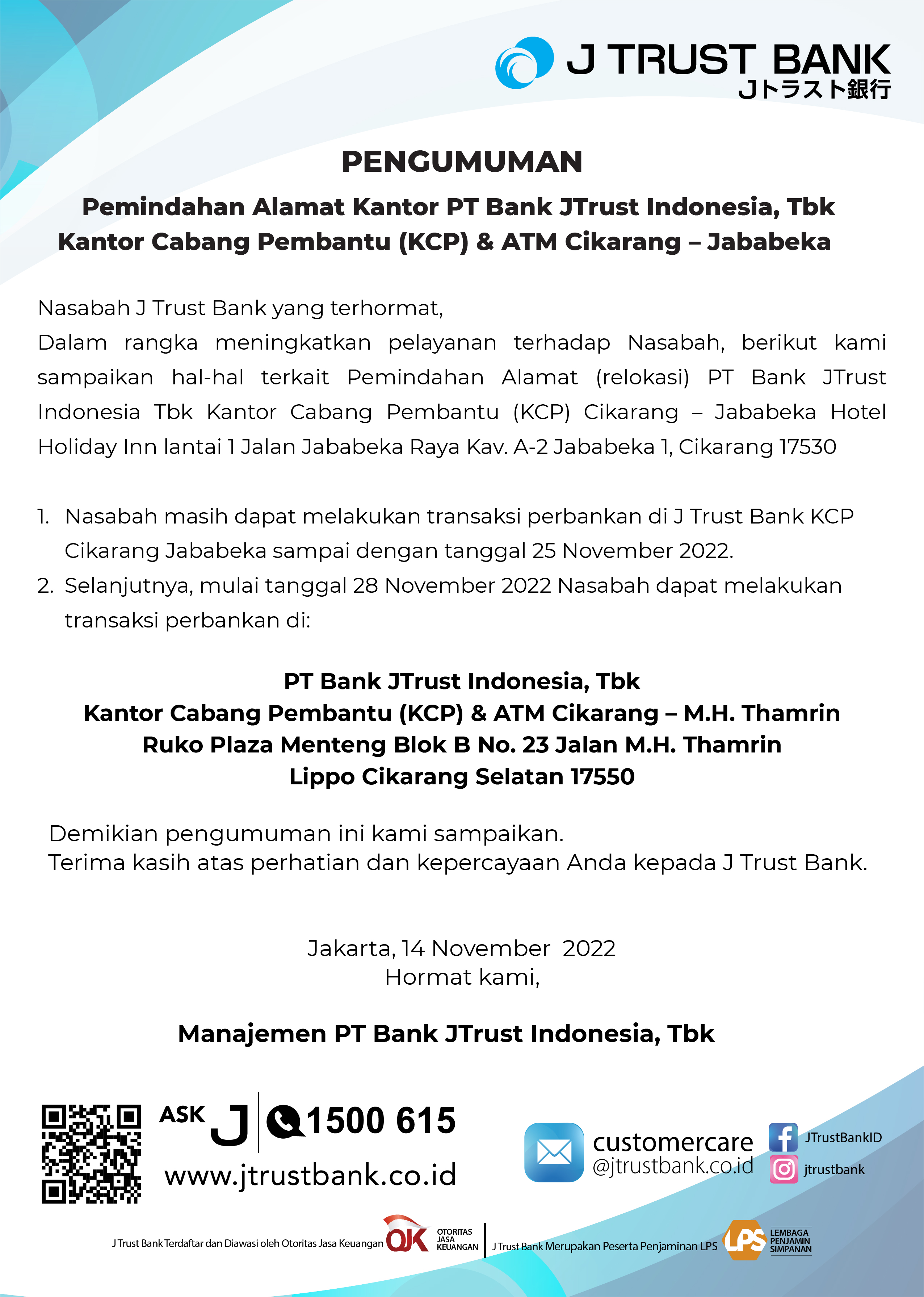 Pengumuman Relokasi Kantor Cabang Cikarang JABABEKA