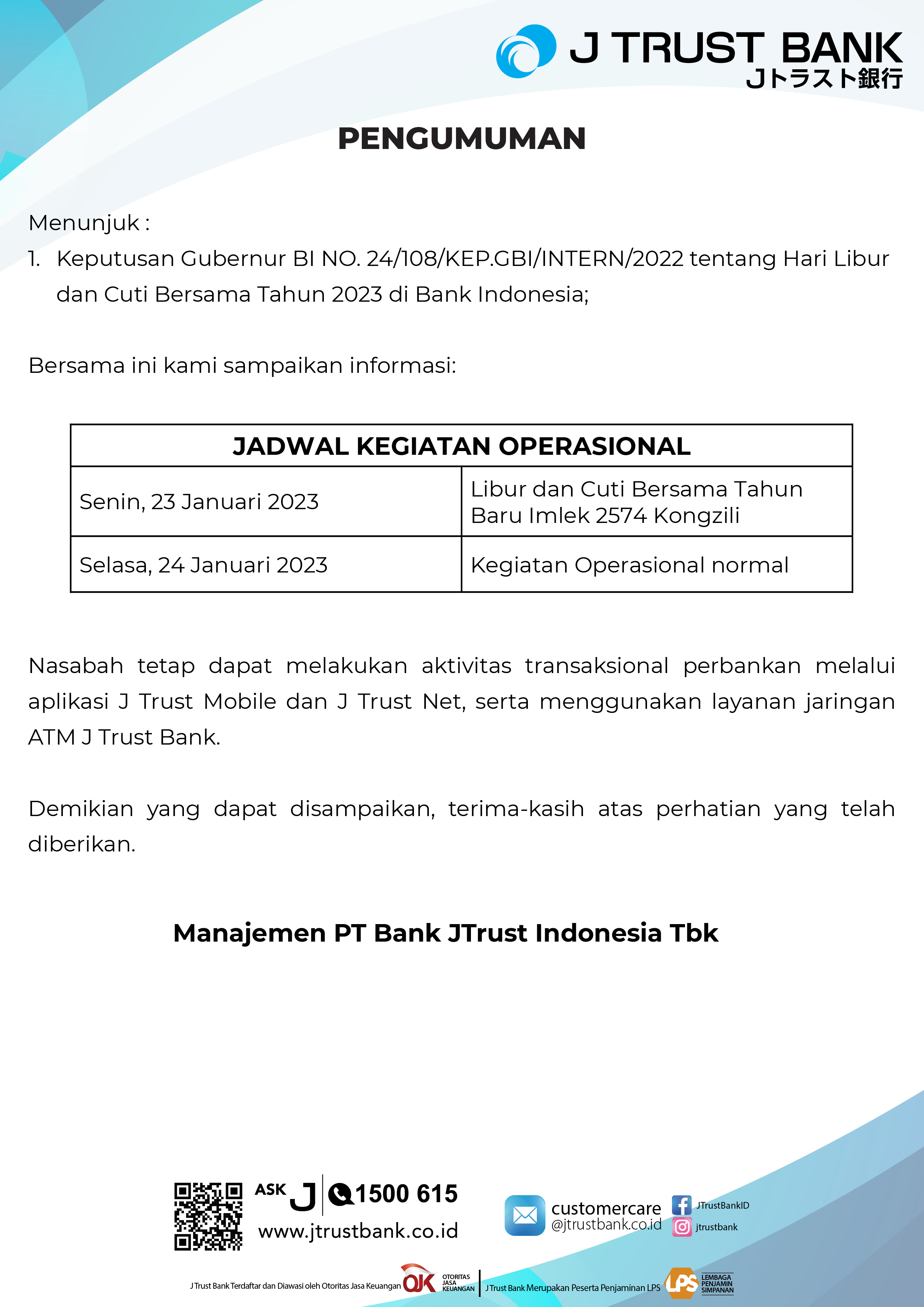 Pengumuman Jadwal Operasional Menyambut Hari Raya Imlek