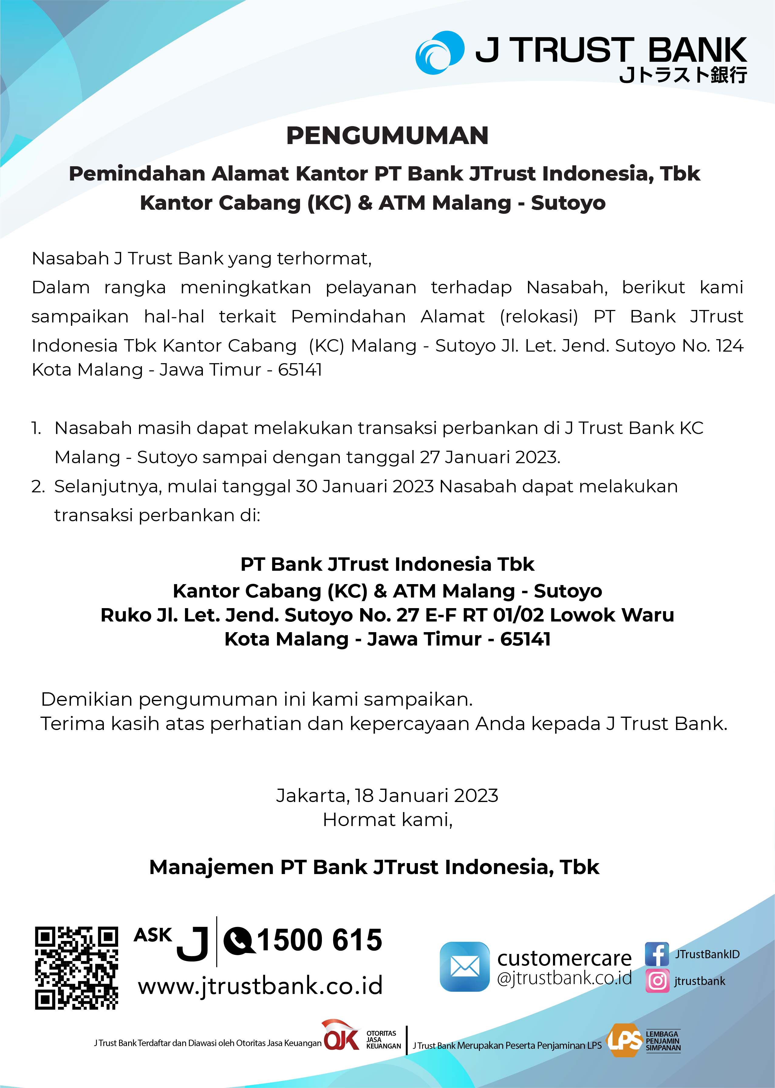 Pengumuman Relokasi Kantor Cabang Malang - Sutoyo