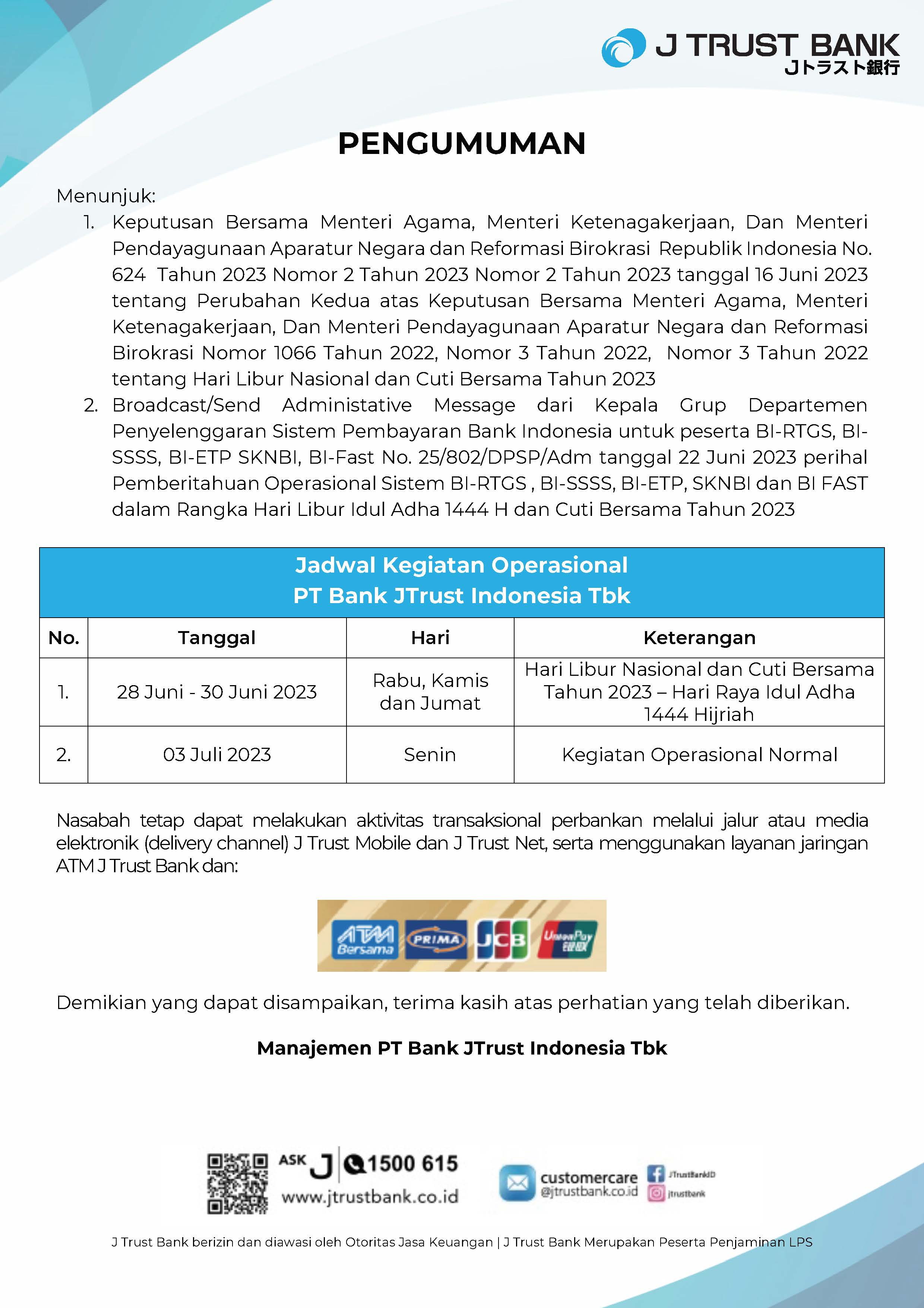 Pengumuman Jadwal Operasional Menyambut Hari Raya Idul Adha 1444H