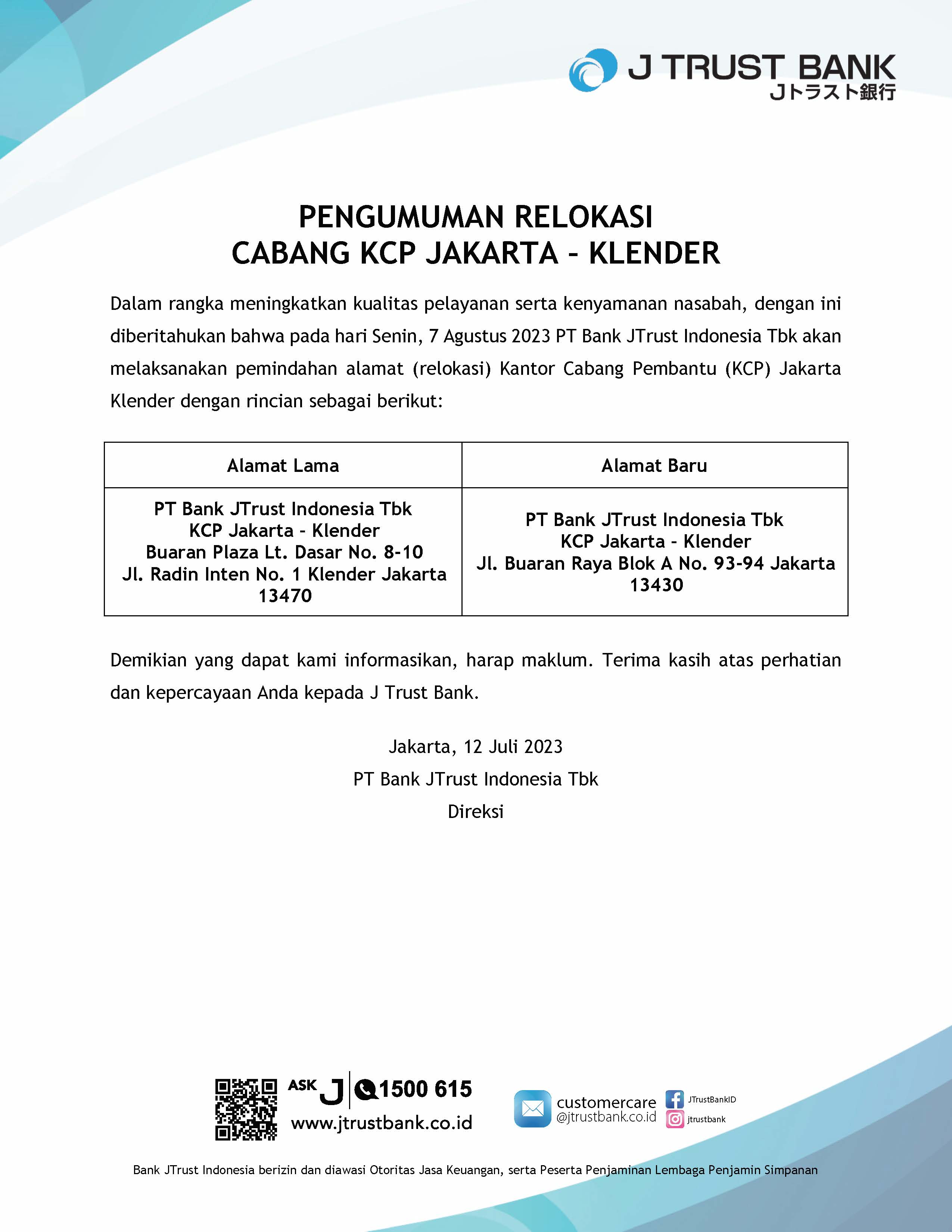 Pengumuman Relokasi Kantor Cabang Pembantu Jakarta - Klender