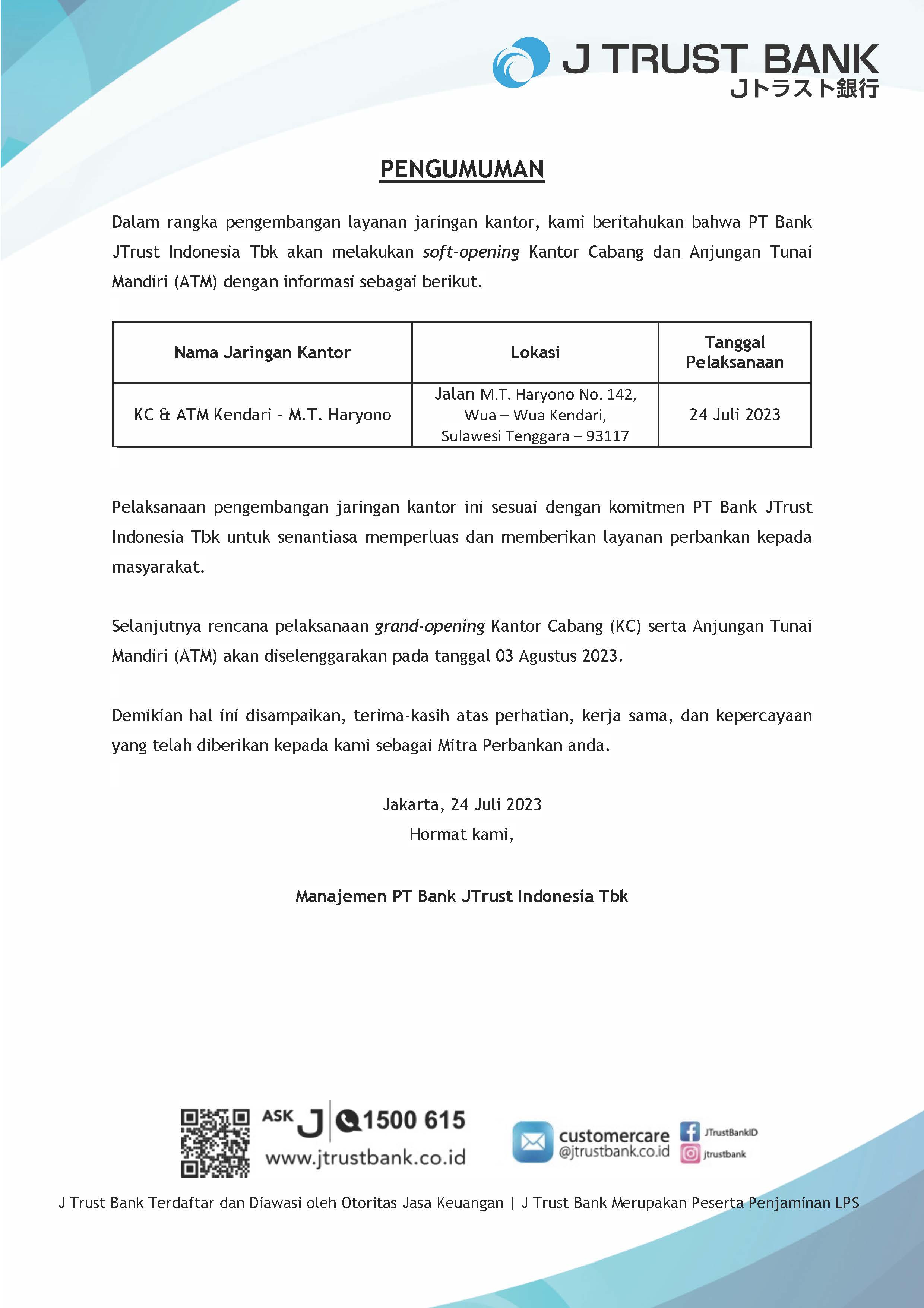 Pengumuman Grand Opening Kantor Cabang Kendari - M.T. Haryono