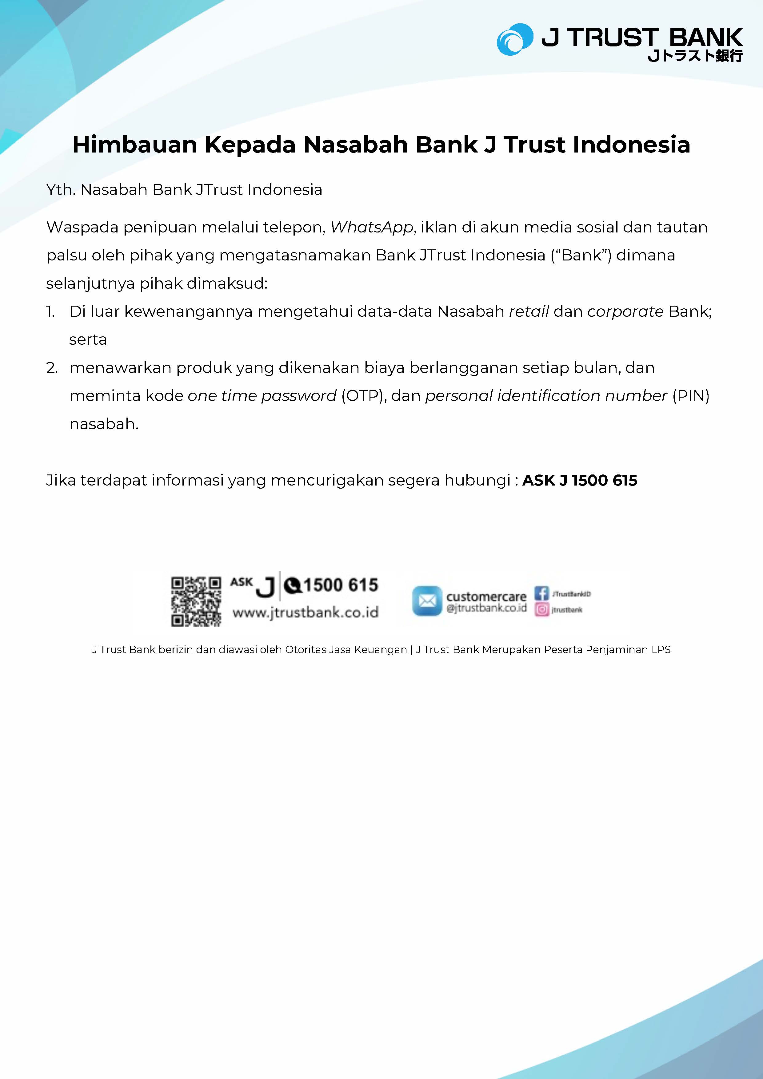 Information for Customers of J Trust Bank Indonesia