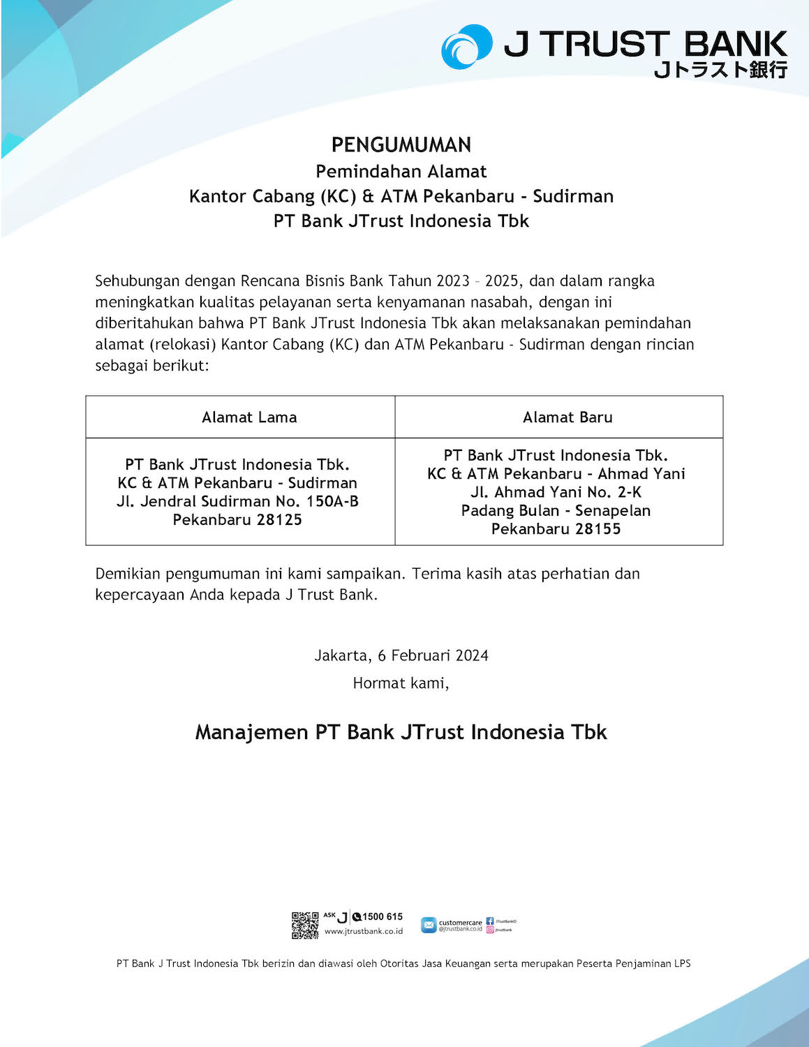 Pengumuman Relokasi Kantor Cabang (KC) & ATM Pekanbaru - Sudirman