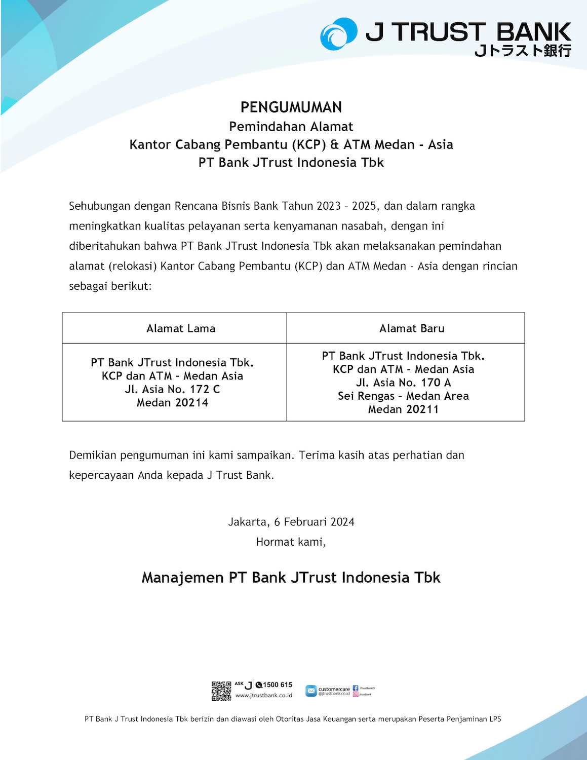 Pengumuman Relokasi Kantor Cabang Pembantu (KCP) & ATM Medan - Asia