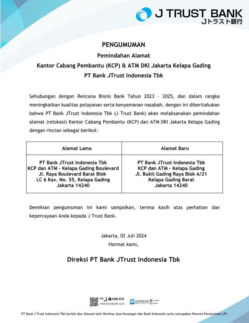 Announcement : Jakarta - Kelapa Gading Branch Office Relocation