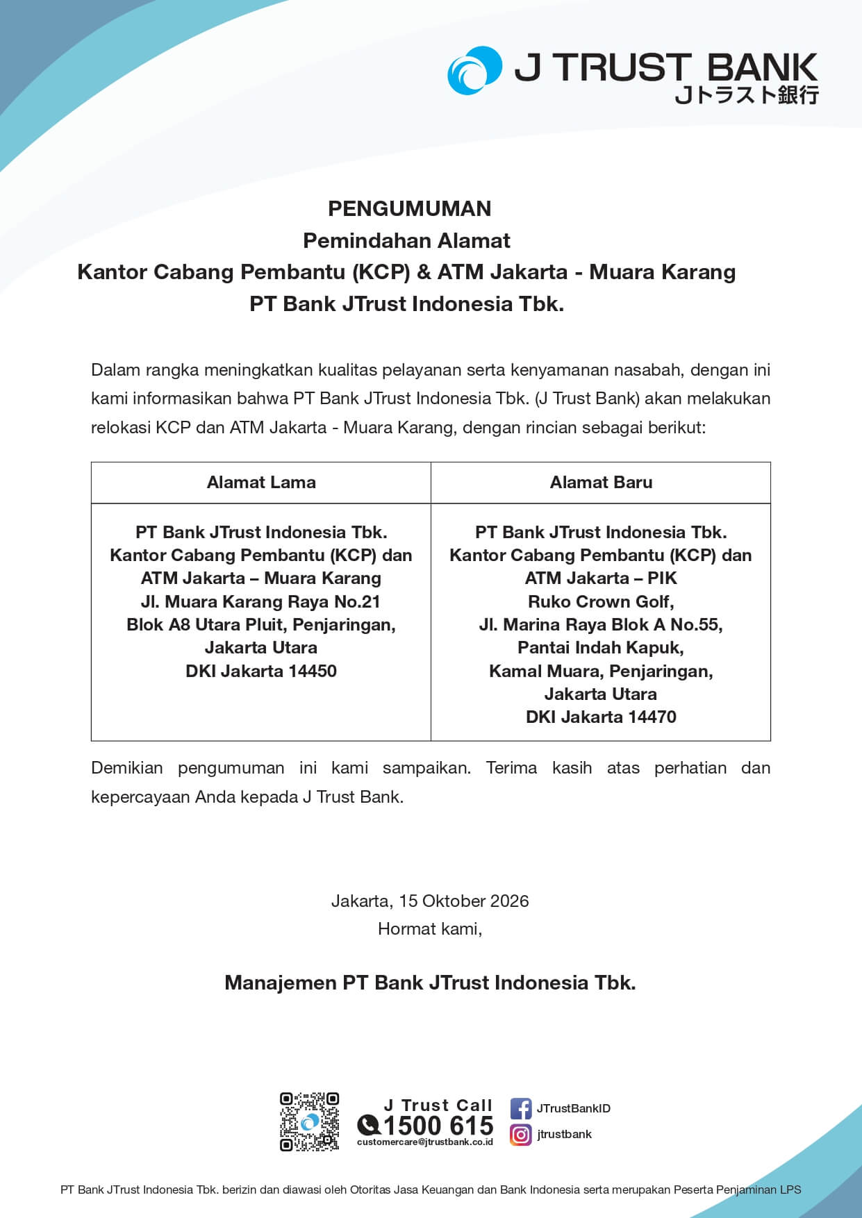 Pengumuman Relokasi Kantor Cabang Pembantu (KCP) & ATM Jakarta - Muara Karang